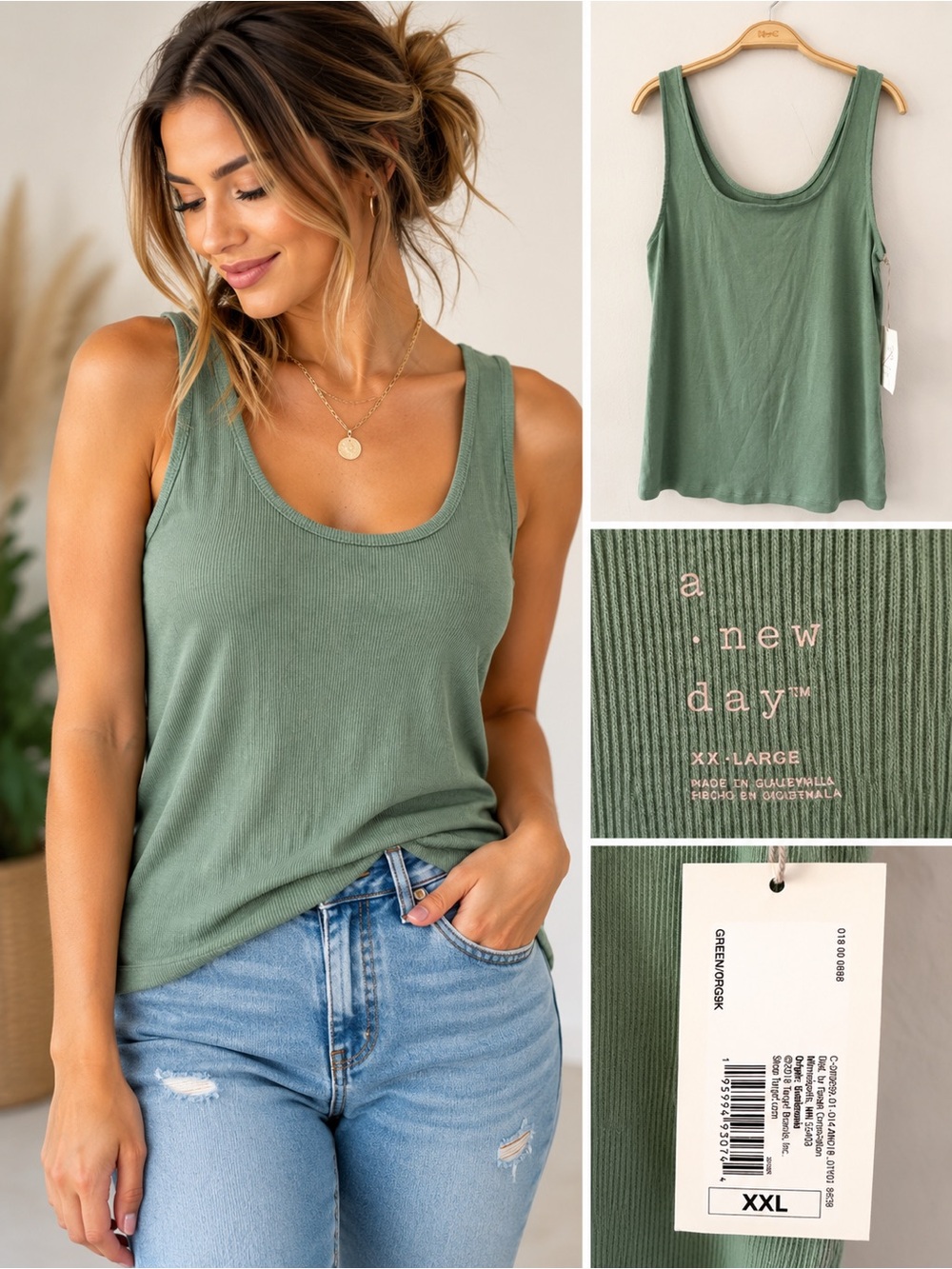 A New Day Sage Green Ribbed Tank Top - Size XXL